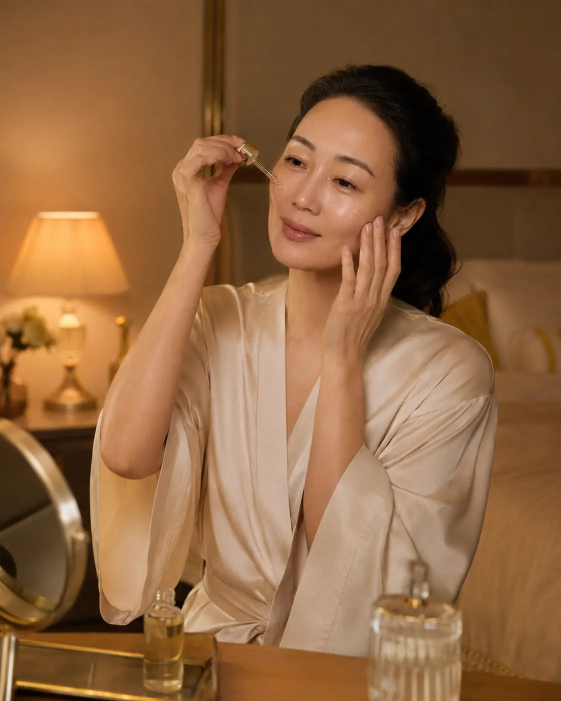 Woman applying facial oil during an evening skincare routine
