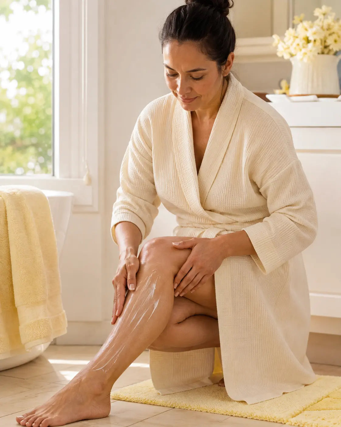 Woman applying body cream to rough-feeling skin