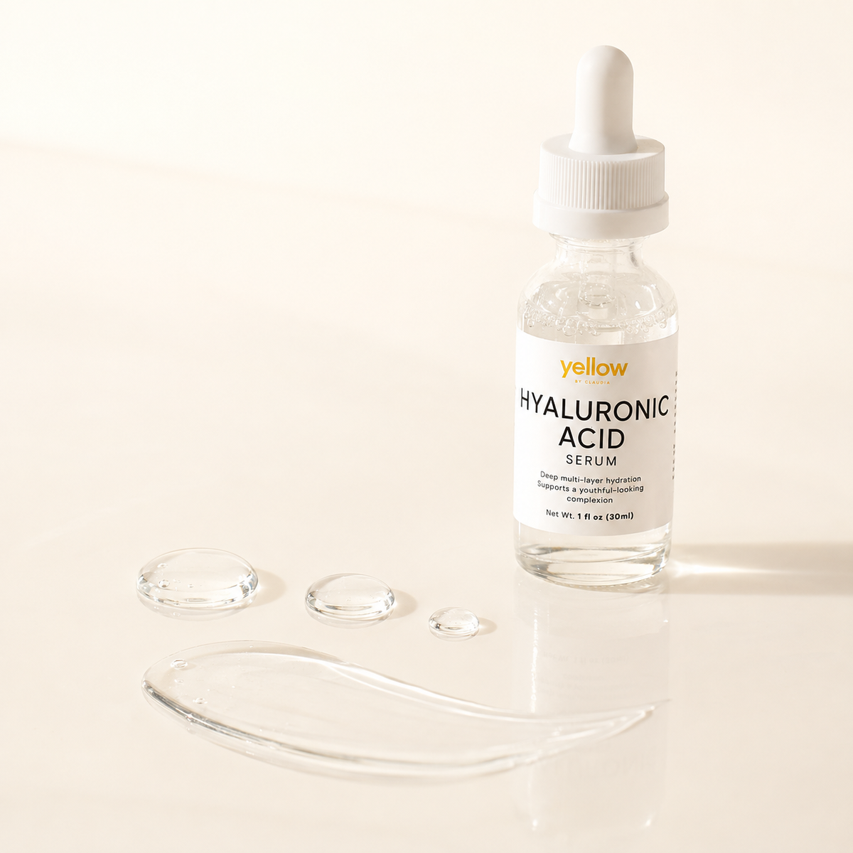 Hyaluronic Acid Serum clear texture and Yellow by Claudia bottle